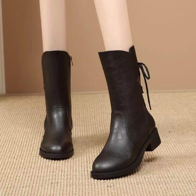 Fleece boots Warm soft leather Martin boots New thickened medium heel medium tube thick heel cotton boots in autumn and winter