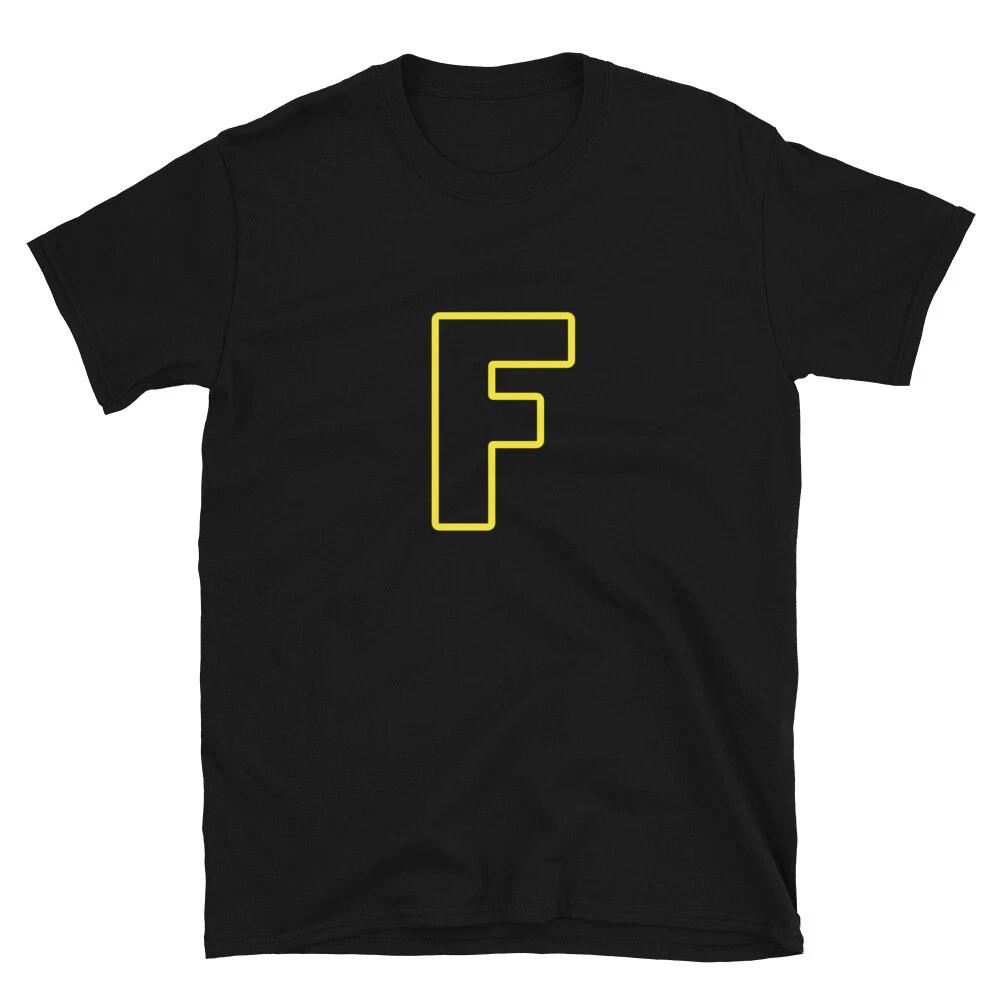 Letter F Yellow Bold Font Simple Black T-Shirt M
