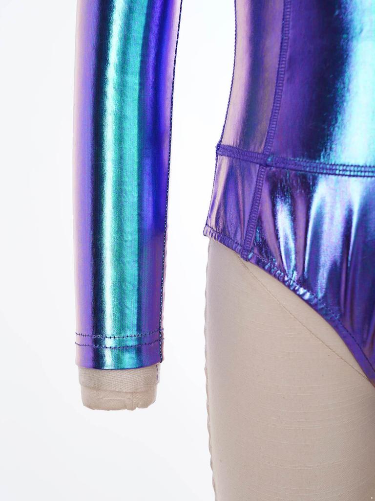 Kids Girls Zipper Metallic Leotard Long Sleeve Shiny Bodysuit for Jazz Dance Stage Performance Cosplay Theme Party Costume