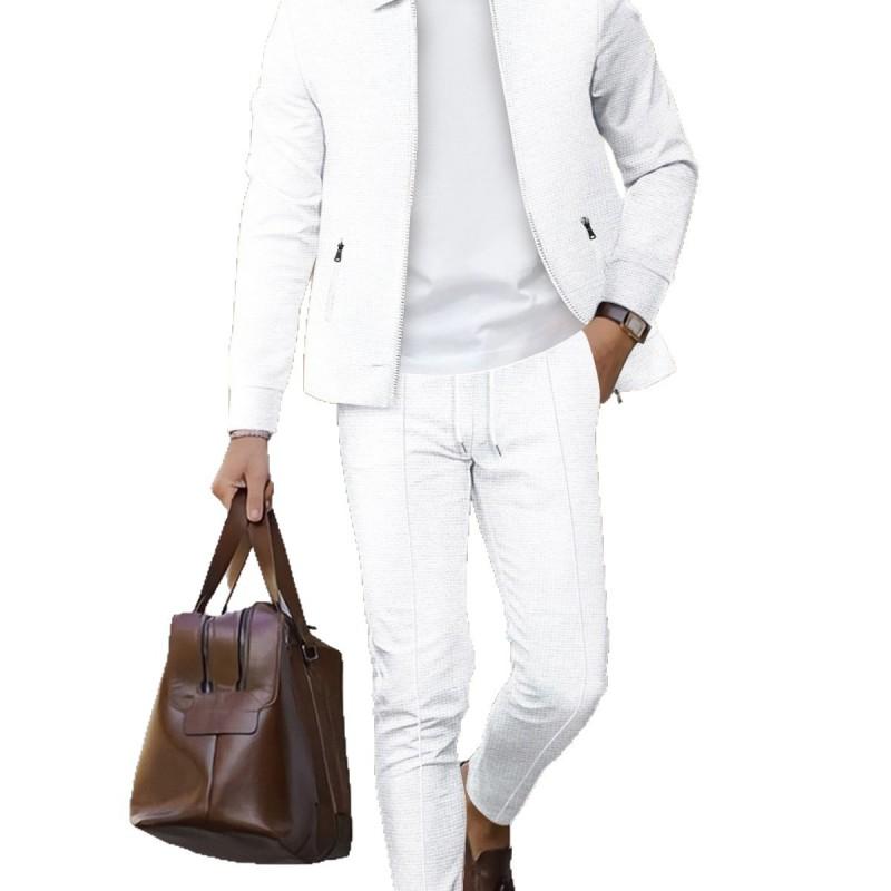 Mens 2-Piece Casual Set Waffle Knit Zip-Up Collar Jacket 2026