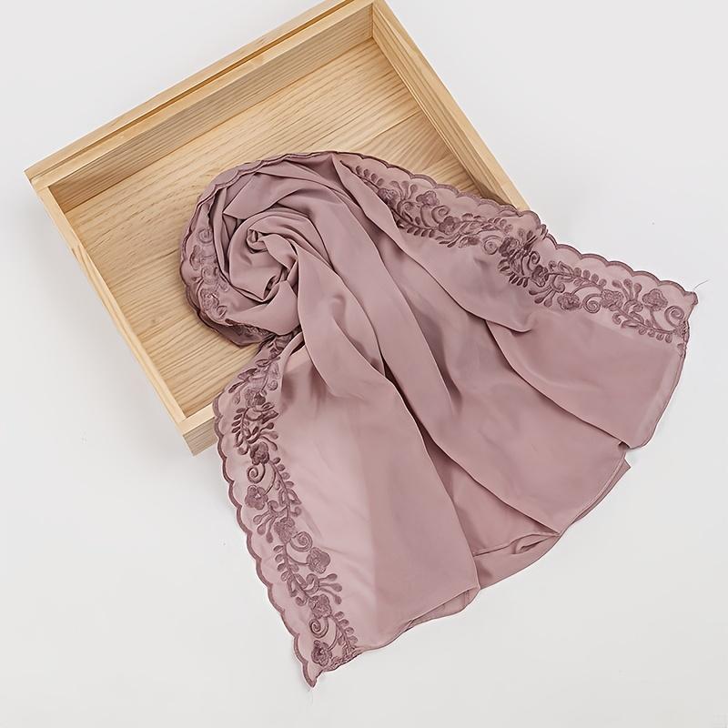 1pc Women'S Solid Color Pearl Chiffon Scarf With Clover Embroidery And Lace Trim, Fashionable And Elegant Headscarf For Malaysia And Indonesia