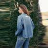 ELLE French Modern Design Ink Splash Lapel Long Sleeve Cropped Jacket Women jackets Blue EF50360