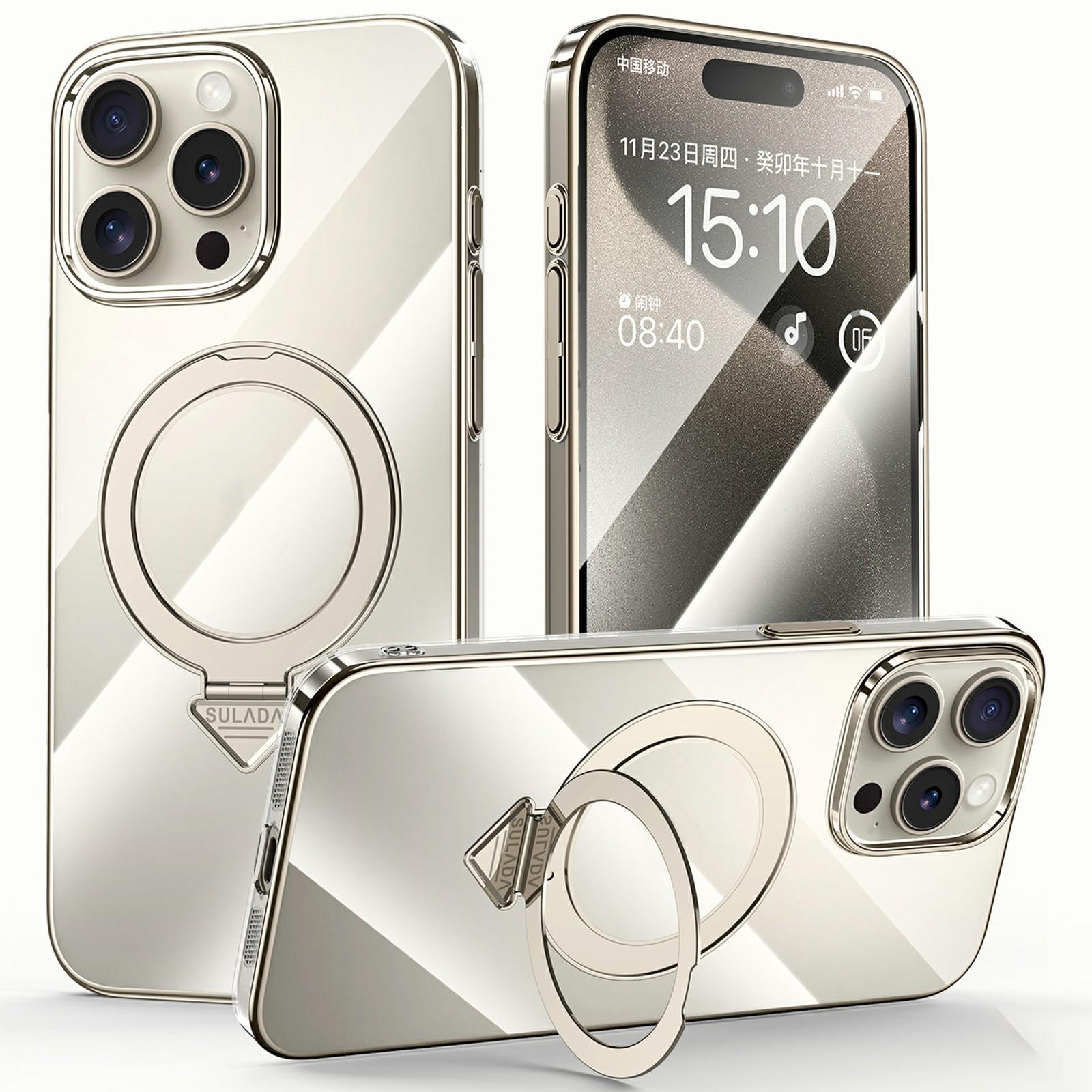 

SULADA For iPhone 15 Pro Case Compatible with MagSafe Kickstand Clear PC Phone Cover Titanium Grey