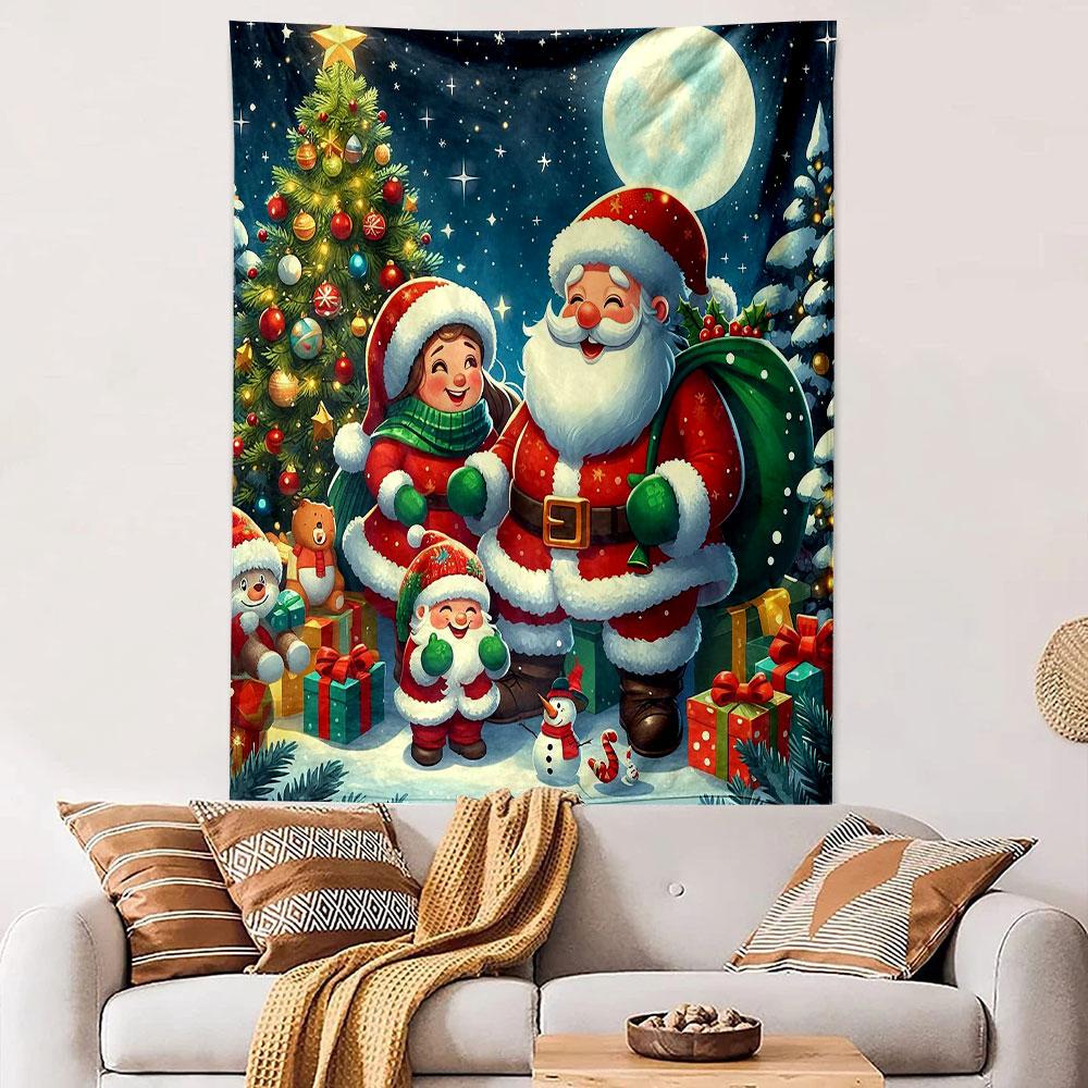 Christmas Family with Santa Claus Patterned Tapestry Decorative Wall Hanging, Home Bedroom Living Room Decor