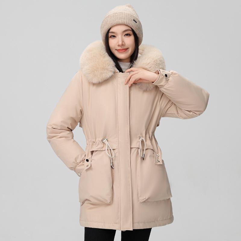 Pie overcome women's winter new waist and thin hooded big fur collar plush thickened short jacket padded jacket