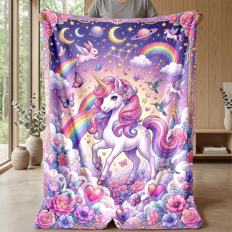 Fantasy Unicorn with Flowers Theme Blanket Lightweight Warm Flannel Blanket Decorative Throw Blanket for Home Decoration