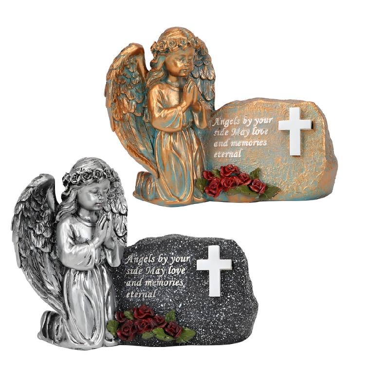 Resin Praying Angel Garden Statue With Solar Lighted Crosses Outdoor Waterproof Sculpture Grave Lamp for Patios Cemetery