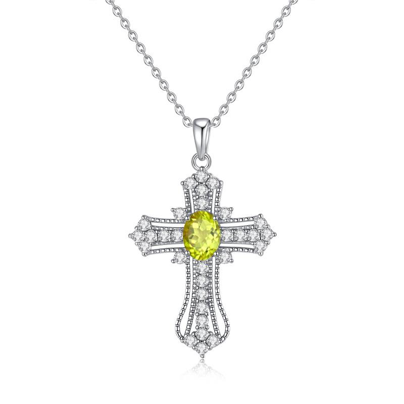 S925 Pure Silver All Diamond Cross Necklace for Women, Silver Inlaid with Natural Color Treasure, Fashionable and Versatile Gift