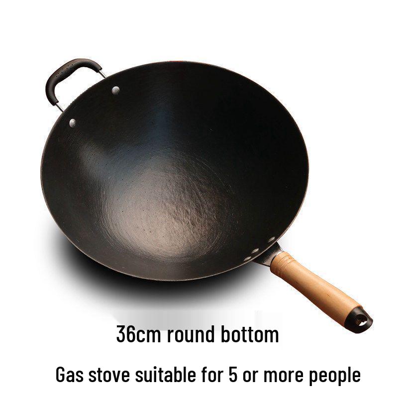 Vintage Uncoated Cast Iron Flat-Bottom Non-Stick Wok, Compatible with Induction & Gas Stoves, Ideal for Rural Household Stir-Fry.