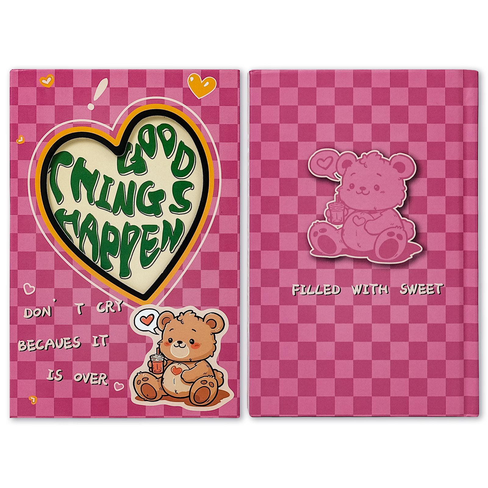 

Pink Grid Bear Cover Portable Notebook Magnetic Buckle Diary Creative Handbook