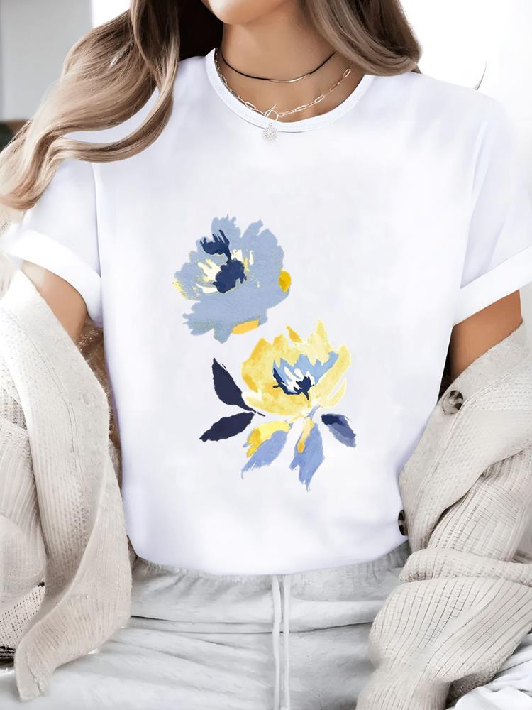 (Asian Size) watercolor flower trend Casual Women's Top T T-shirts Fashion O-neck Female Clothing Print Short Sleeve Graphic Tee