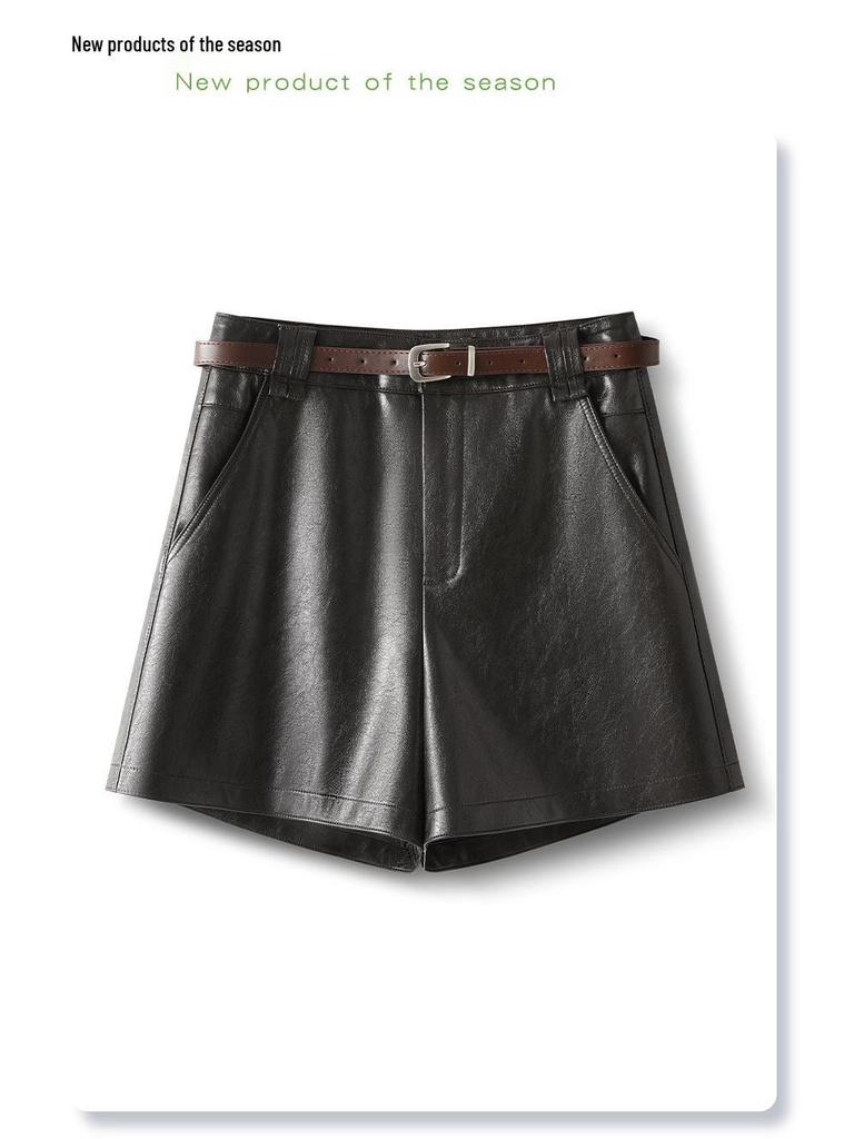 Coffee PU Leather High-Waisted A-line Shorts for Women & Girls - Winter 2025 Fashion, Slimming & Versatile