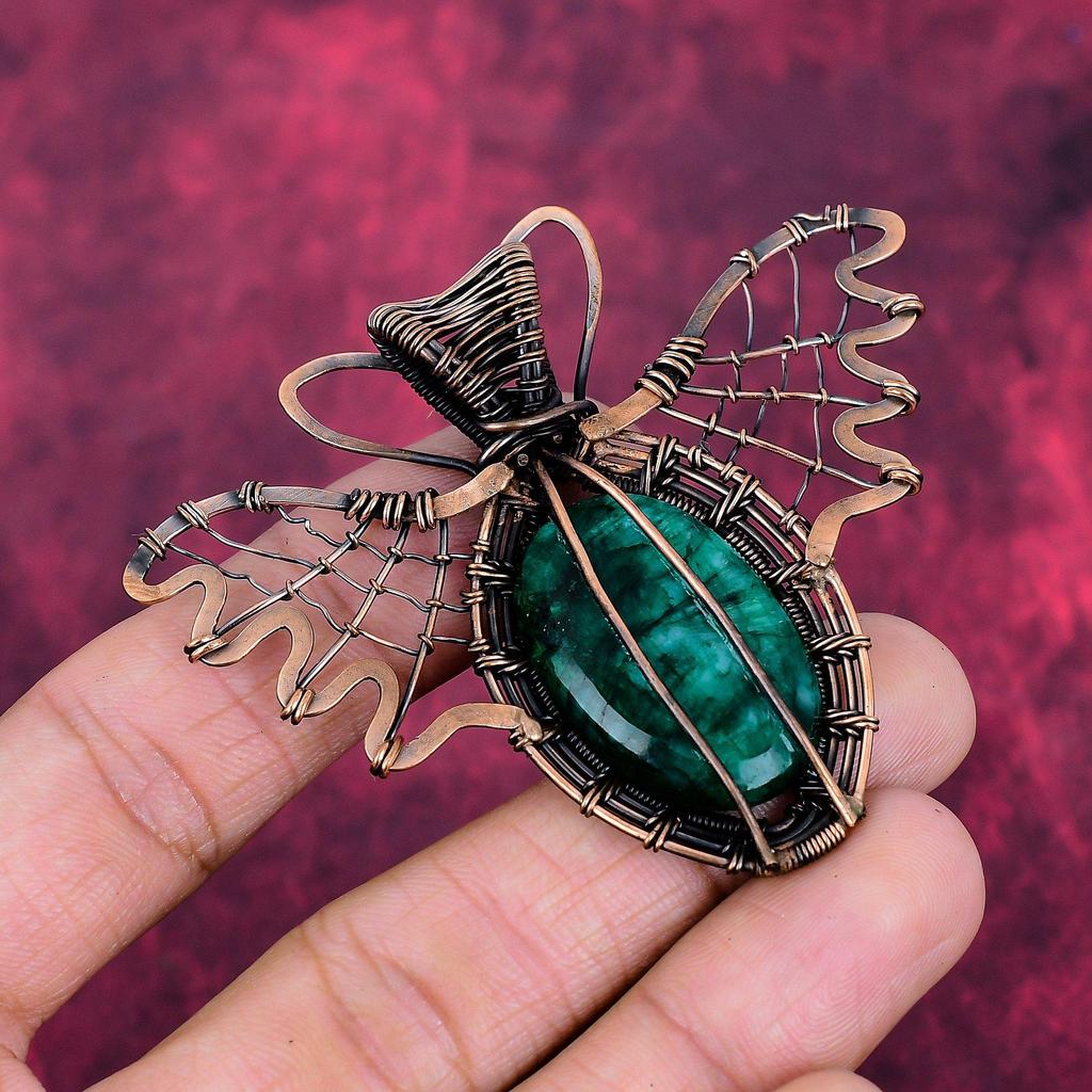 Faceted Zambian Emerald Gemstone Pendant Copper Wire Wrapped Butterfly Pendant