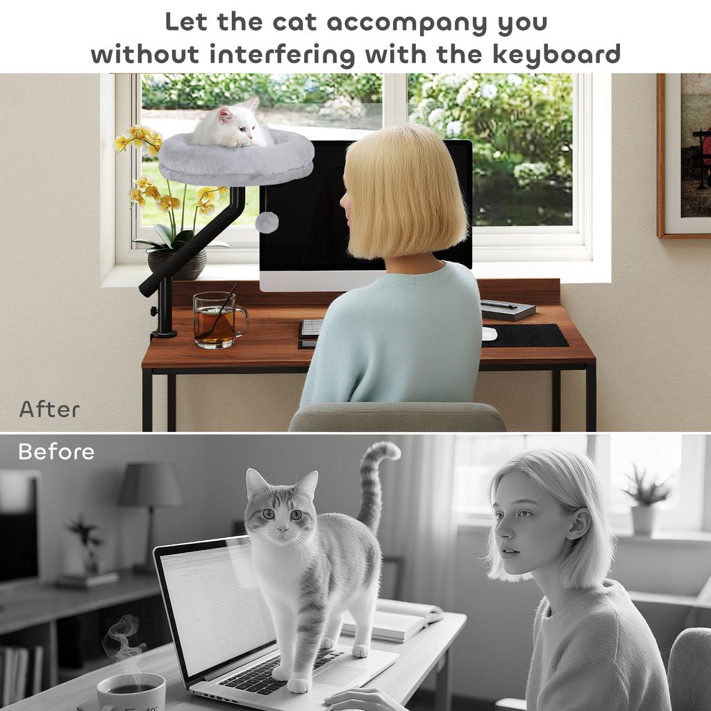 Cat Desk Bed Cat Hammock 360 degrees  Rotatable Adjustable For Window Table Work Grey