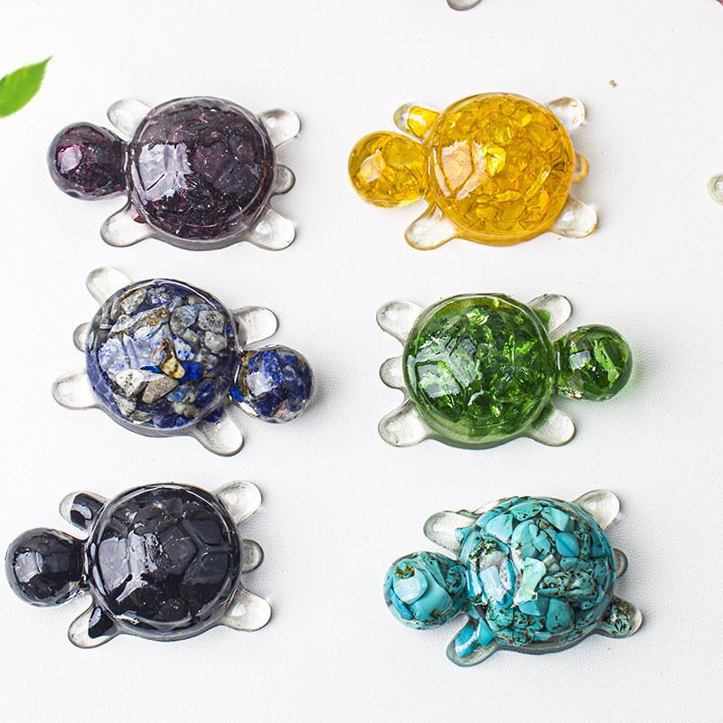 Resin Art Turtle Figurine With Natural Water Crystal Stones For Desk And Room Decor