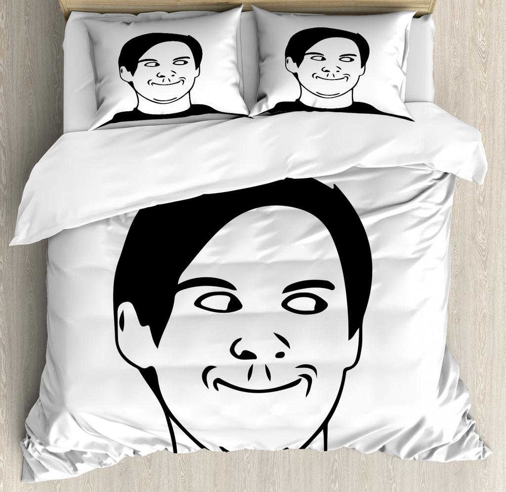 Humor Decor Queen Size Duvet Cover Cartoon Style Troll Face Guy with Popular Artful Facial Expression Soft Polyester Bedding Set