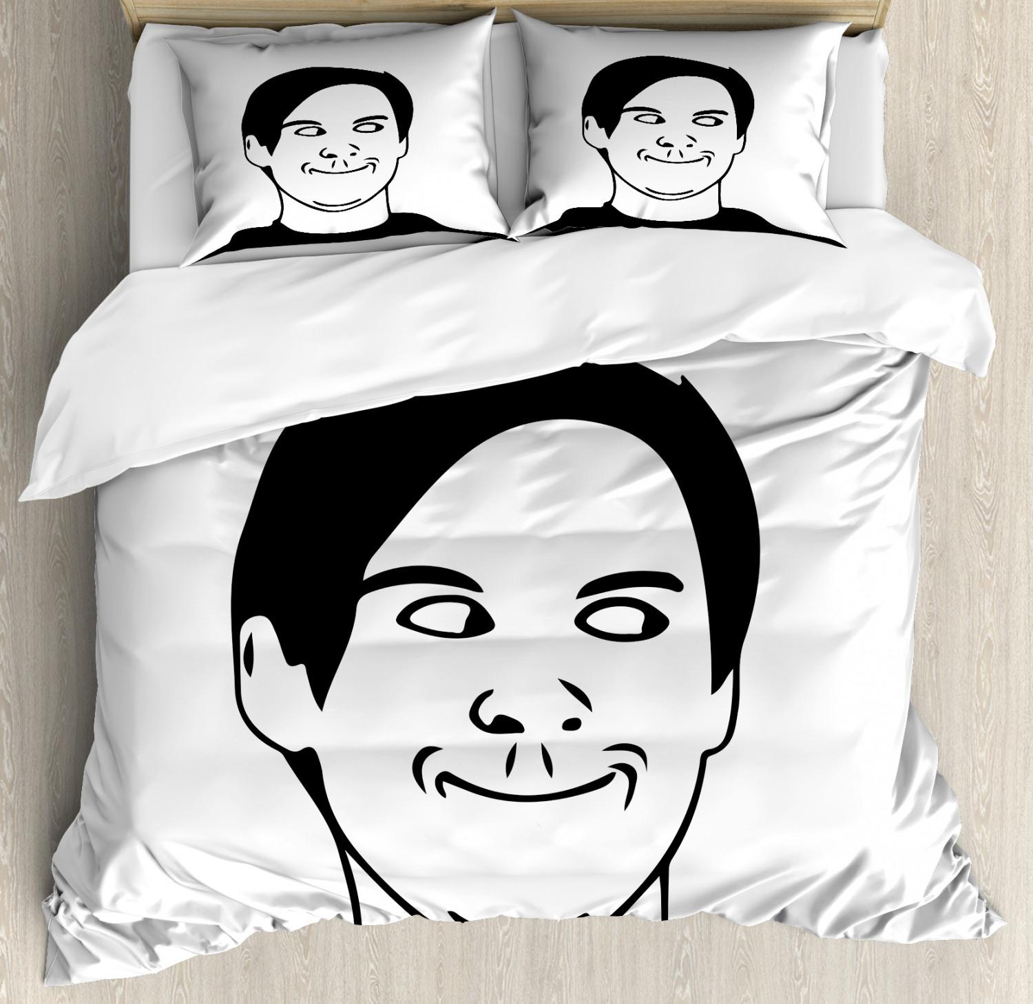 

Humor Decor Queen Size Duvet Cover Cartoon Style Troll Face Guy with Popular Artful Facial Expression Soft Polyester Bedding Set 70x133cm 2pcs