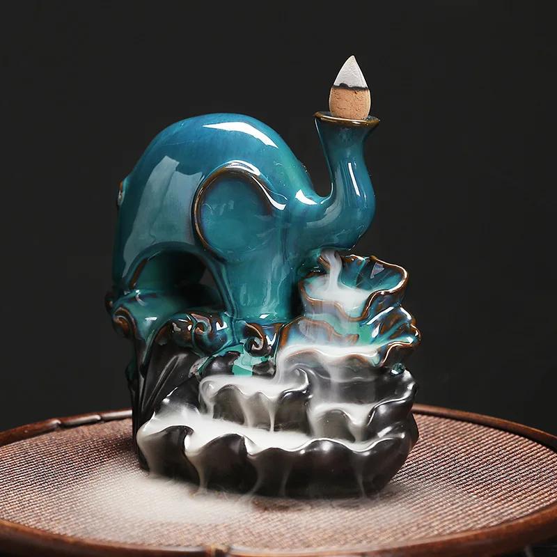 1pc Ceramic Handicrafts Lotus Elephant Backflow Incense Burner Incense Censer Home Ornament Tea Pet (Without Incense)