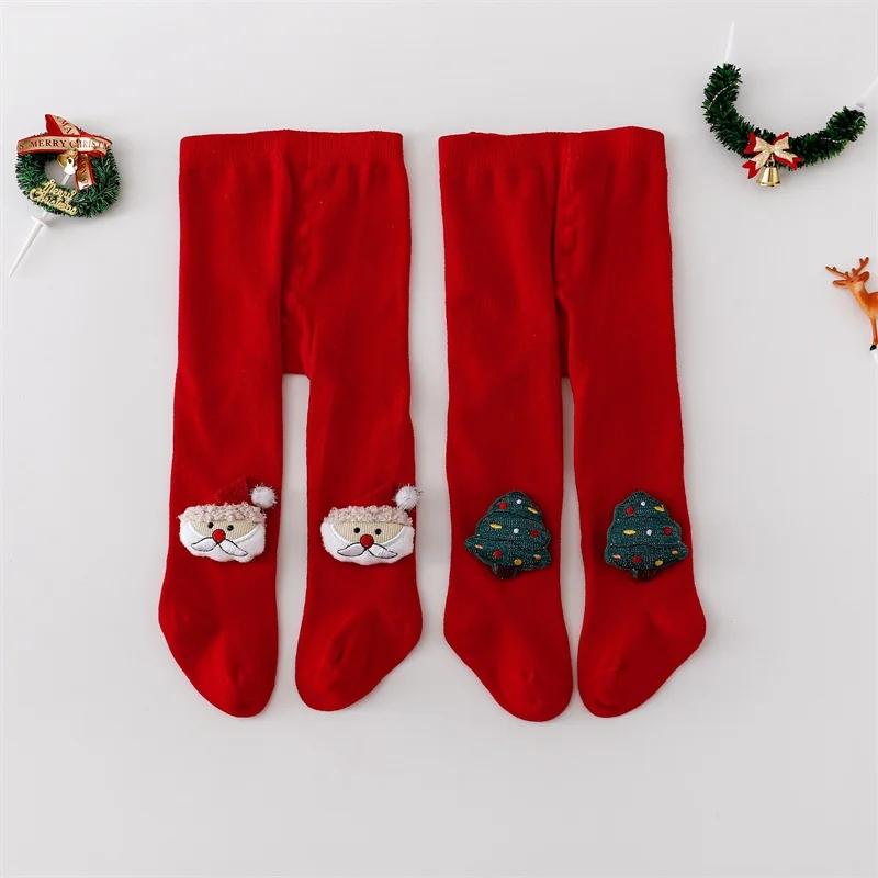 2piece/set Infant Baby Girl Tights Christmas Newborn Elk Pantyhose for Girls Cotton Red Santa Claus Knitted Girls Stockings