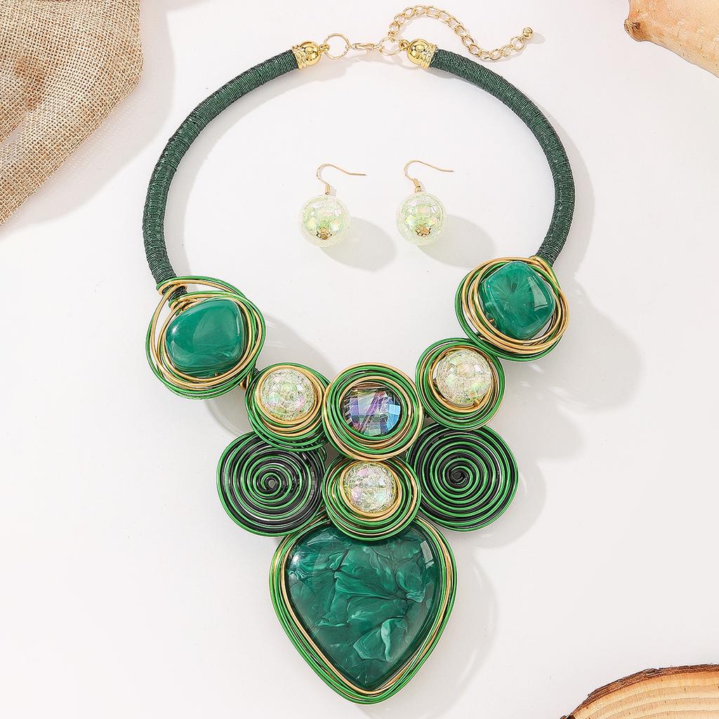Statement Jewelry Set Trendy Resin Gem Crystal Beads Aluminum Wire Handmade Woven Necklace And Earrings Women Party Accessories