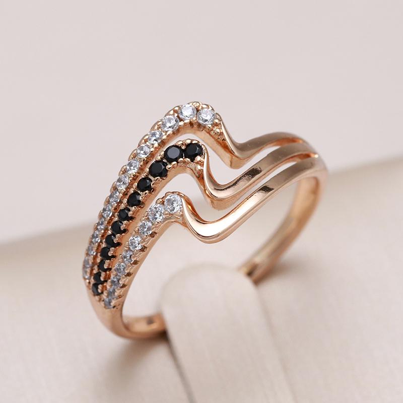 Luxury Rose Gold Natural Black Zircon Ring Fashion 3 Rows Waves Rings For Women Vintage Wedding Jewelry