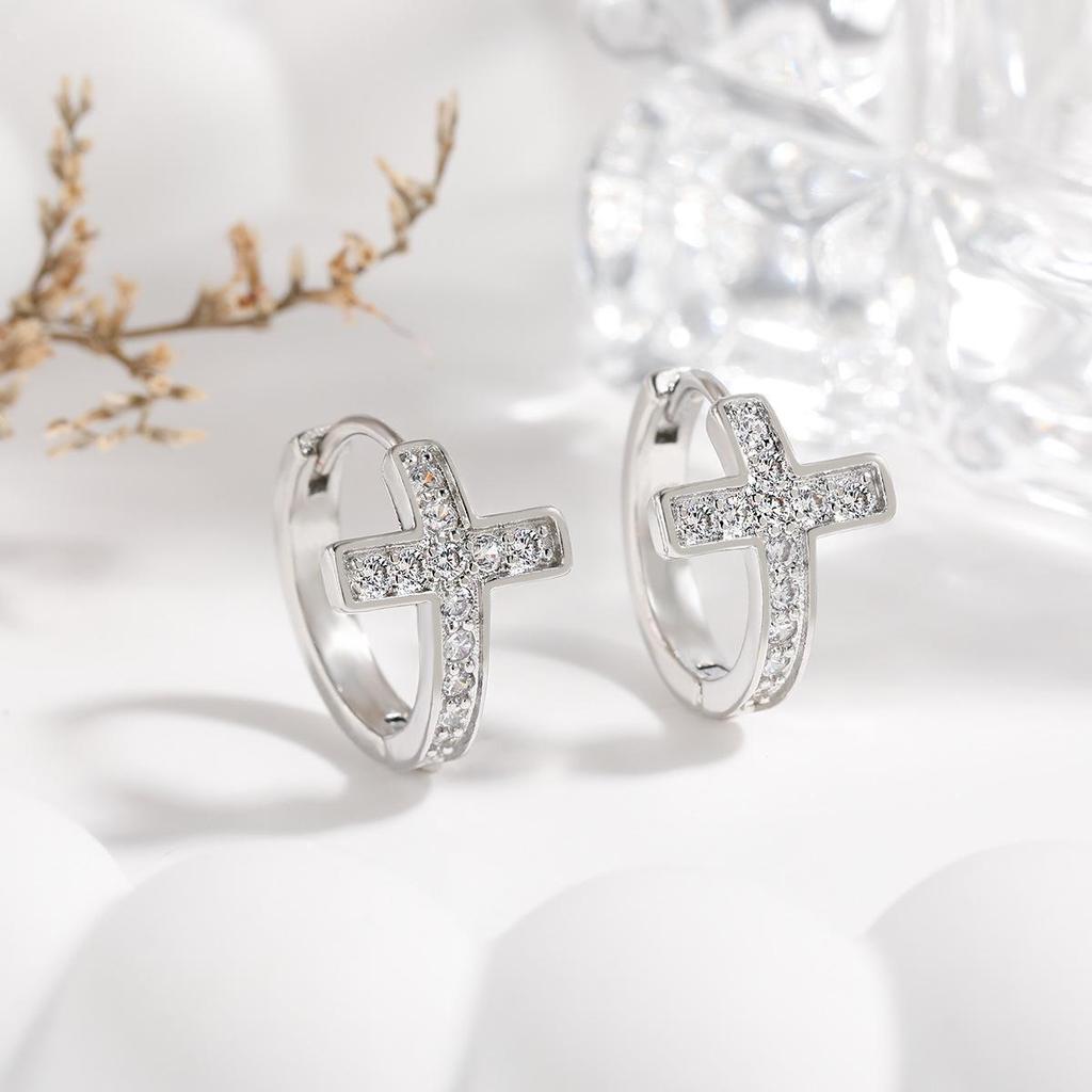 Korean Style Rhinestone Cross Hoop Earrings - Women's Fashionable Minimalist Studs
