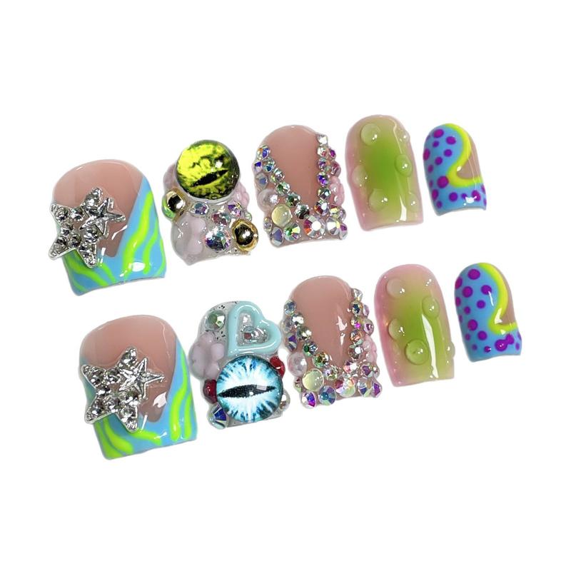 Handgemaakte Press-on Nagels Kort Eendenbekvormig Nepnagels met Strass Liefde Ster Ontwerp Volledige Dekking Draagbaar Frans Nepnagels