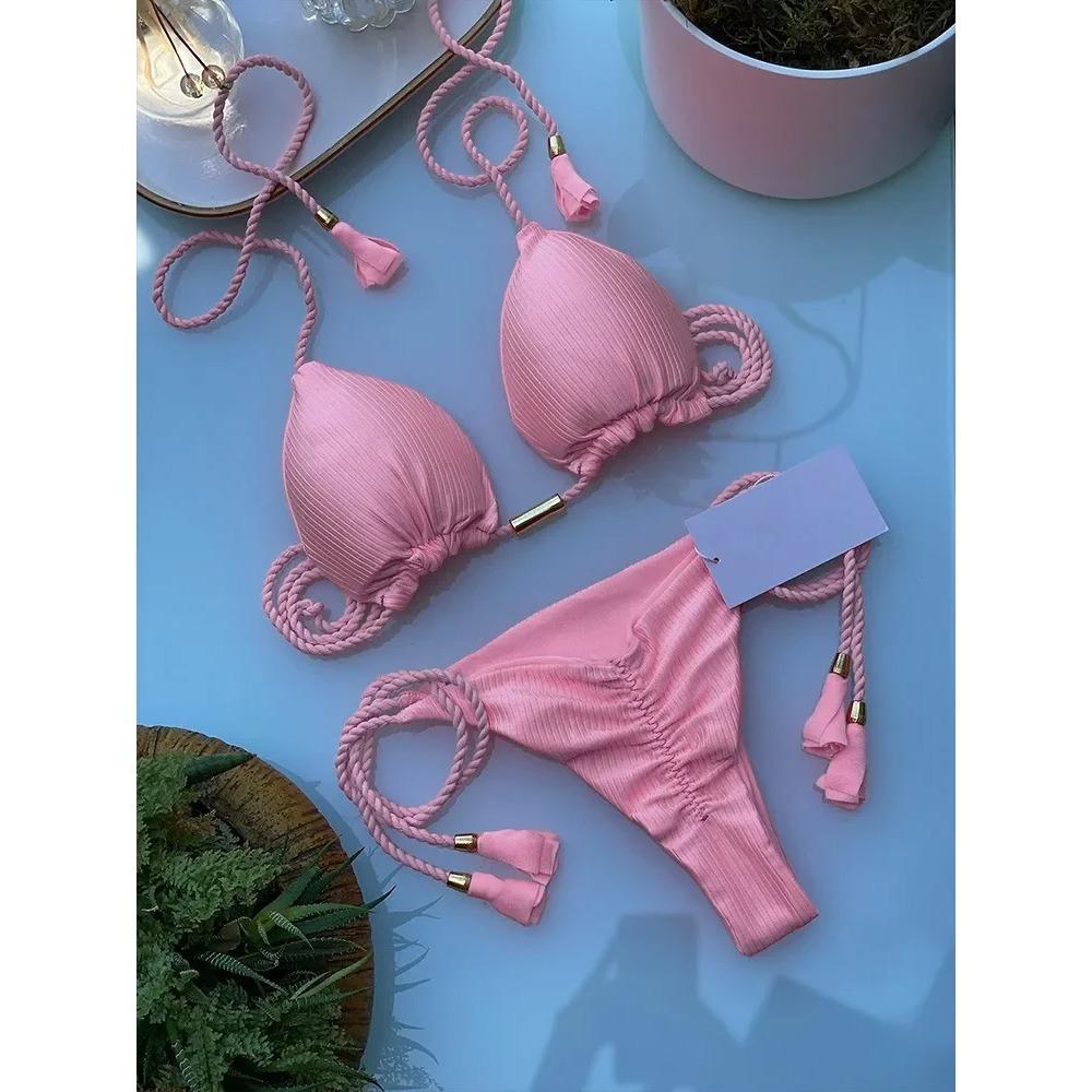 Dámské Bikini Nový Speciální Materiál Jednobarevný Šňůrkový Plavky Vícebarevné