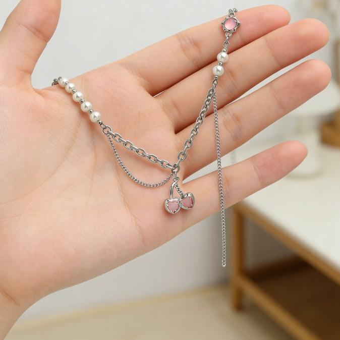 Pink Cherry Spice Sweet Cool Wind Metal Splicing Neck Chain Collarbone Chain