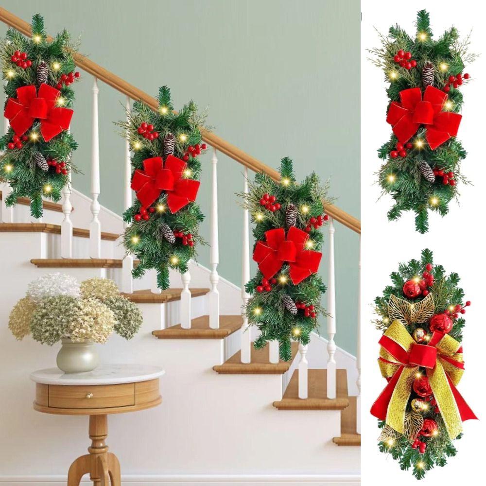 LED Door Decoration Red Rattan Bow Staircase Wreath Cute Christmas Wreath  Christmas