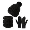3Pcs/Set Winter Knitted Scarf Gloves Set Pom Pom Ball Fleece Lining Brimless Hat Touchscreen Gloves Neck Warmer Set