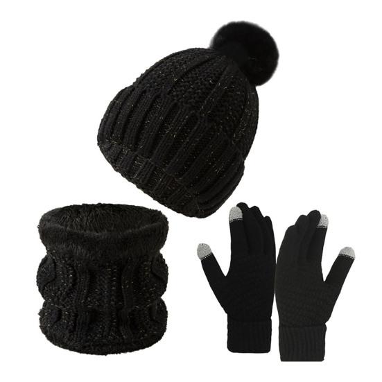 3Pcs/Set Winter Knitted Scarf Gloves Set Pom Pom Ball Fleece Lining Brimless Hat Touchscreen Gloves Neck Warmer Set