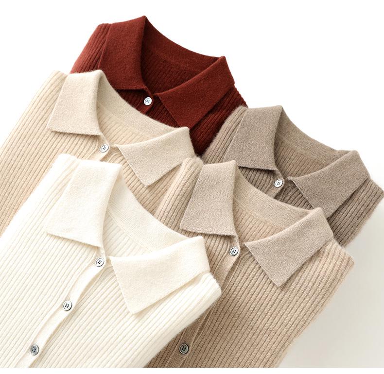 Women's Striped Polo Collar Cashmere Knit Cardigan Sweater for Autumn and Winter