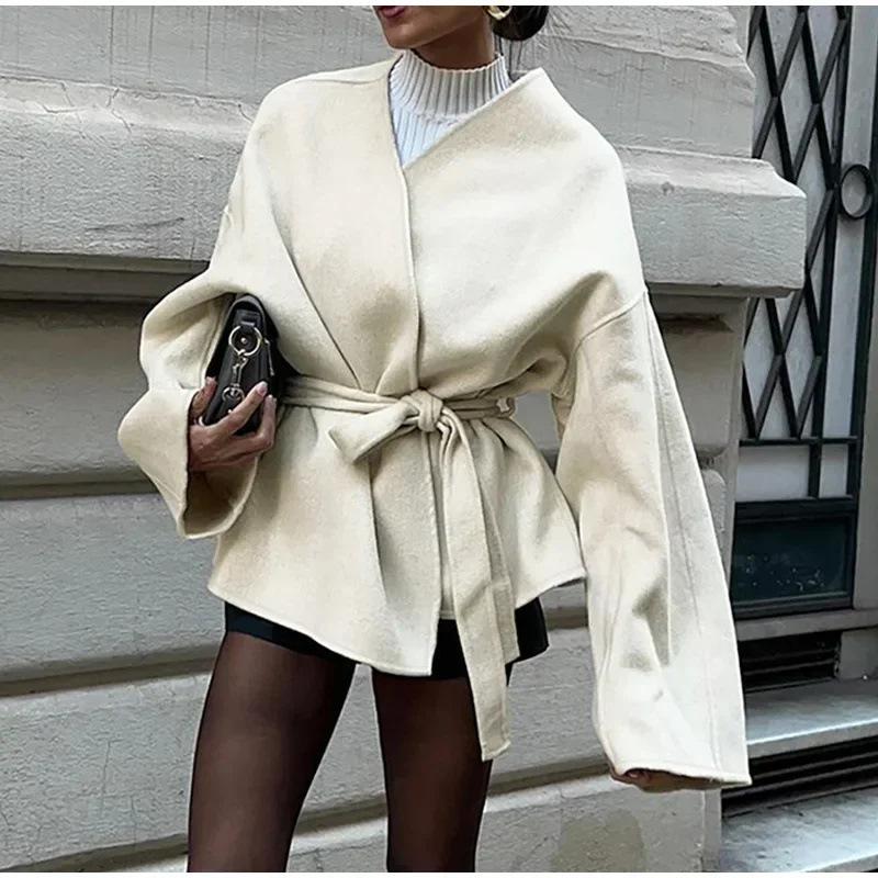 Beige Belted Short Trench Coat with Notched Lapel