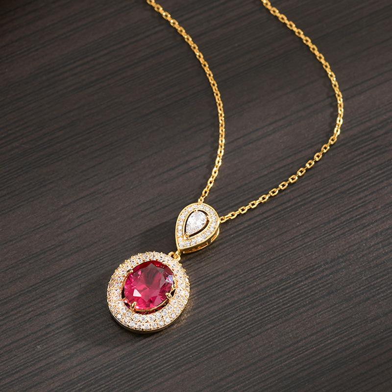 Pigeon Blood Red Treasure Oval Water Drop Necklace Pendant With Diamonds Light Luxury Minimalist Premium Versatile Clavicle Chain Ladies