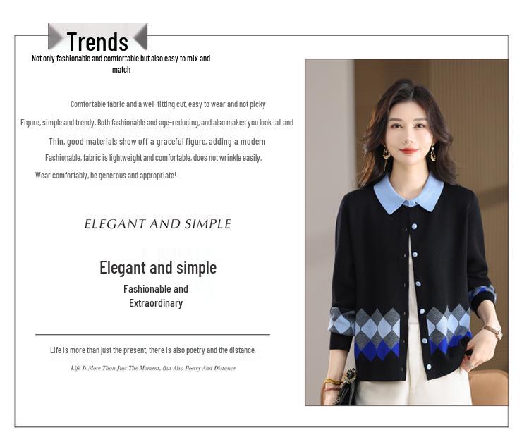 Women's Color-Block Lapel Knit Cardigan: Long-Sleeve, Slimming, Versatile, High-End Single-Breasted Wool Sweater.