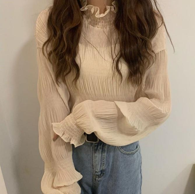 

Plus Size Women s Chiffon Lace Ruffle Top - Spring, Solid Color, Half-High Collar, Age-Reducing. 2X-Large
