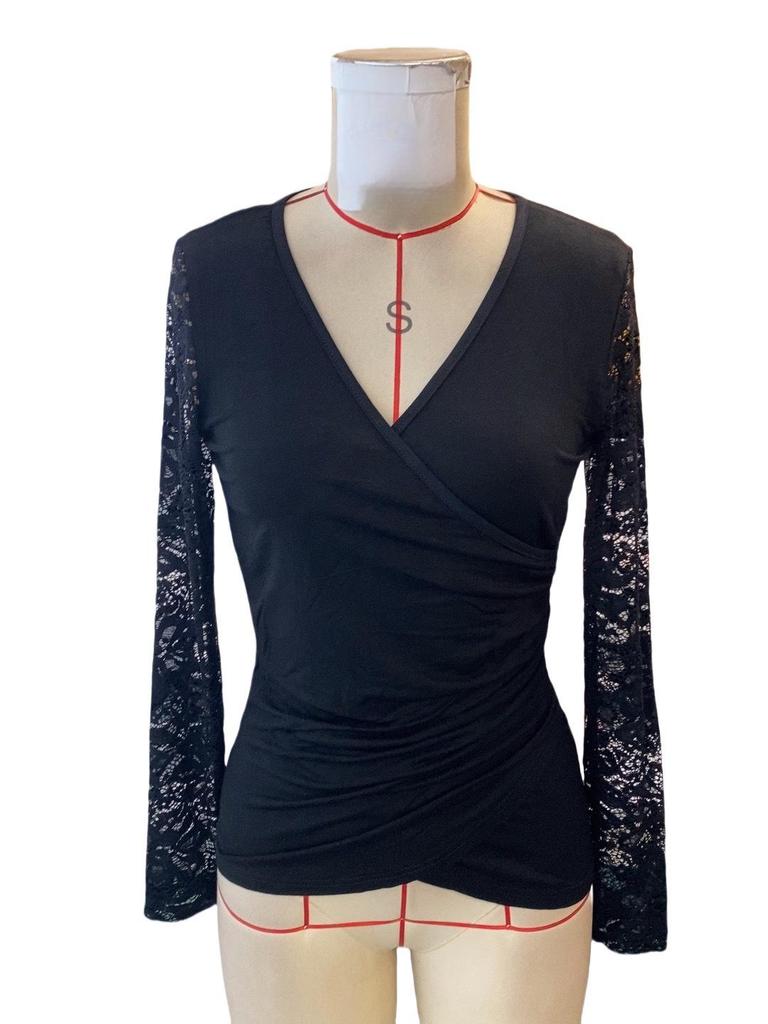 2024 Autumn/Winter Slim Fit Solid Color T-Shirt with Lace Sleeves for Women