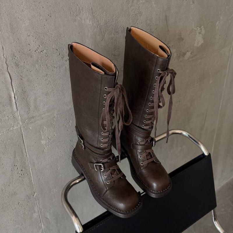 Herbst- und Winter Damen Leder Ritterstiefel dicksohlige rutschfeste Gummisohle Schnürung mittlerer Absatz Übergröße Damenstiefel neue hohe Stiefel