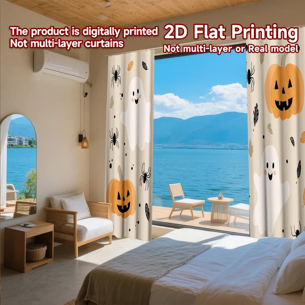 2D FLAT PRINTING 2pcs Curtains (Without Rod) Halloween Ghosts and Pumpkins (5) New year holiday curtains Versatile Polyester
