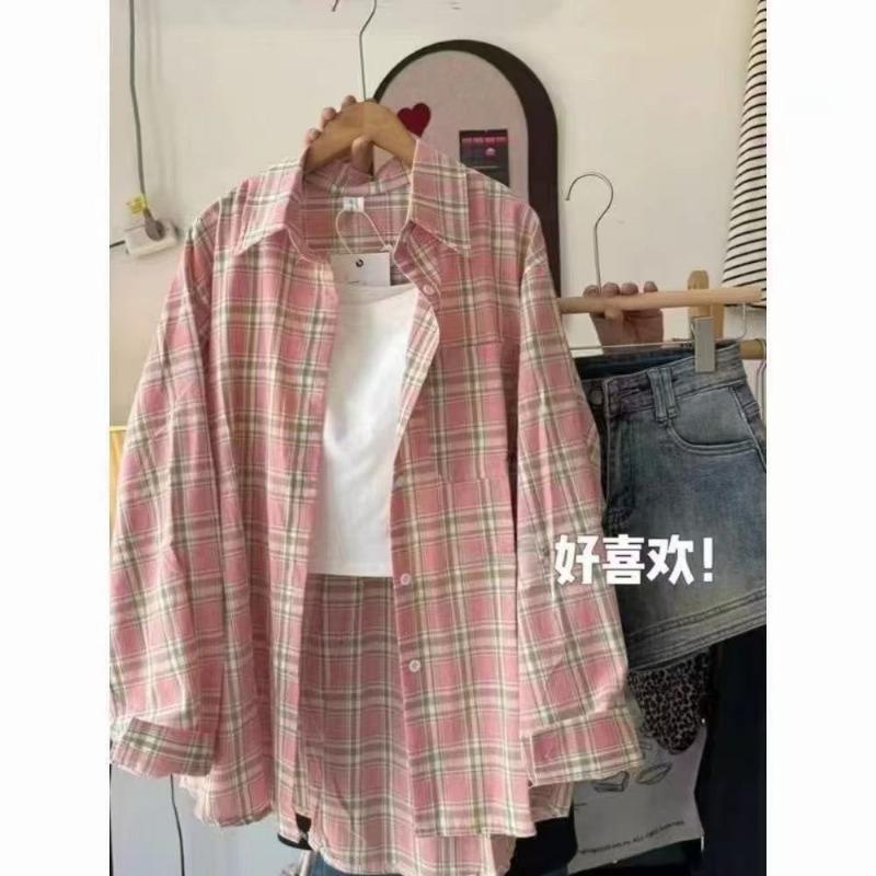 Blue Plaid Shirt Women's Lazy Style Early Spring Casual Shirt Loose and Versatile Sun Protection Long-sleeved Trendy