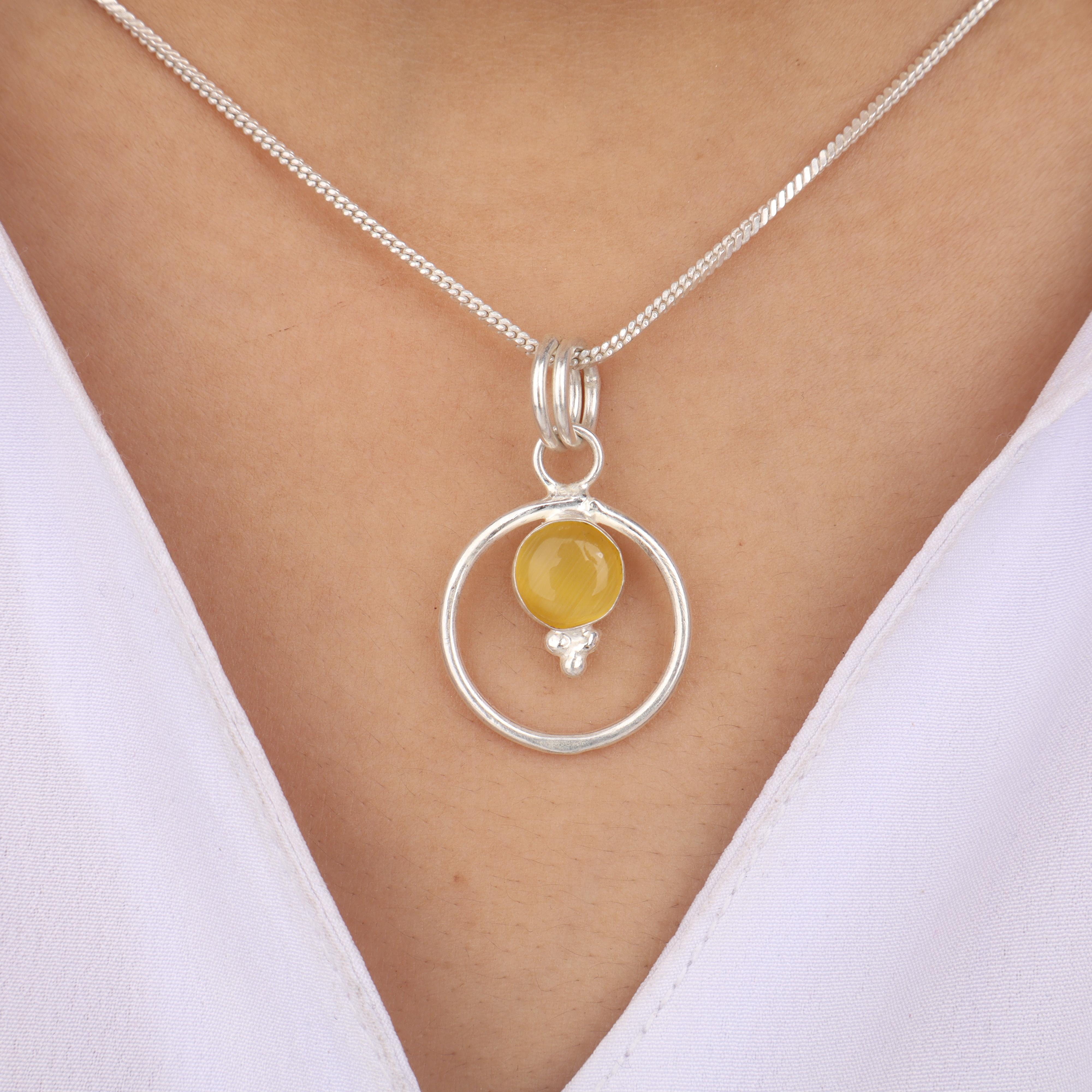 Yellow Cat s Eye Gemstone 925 Sterling Silver Jewelry Partywear Pendant 1.2  For Her PP-68-38