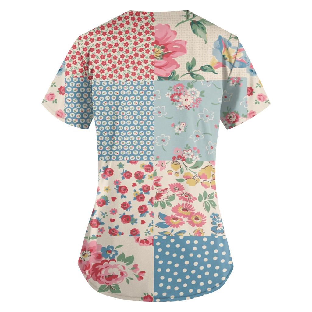 Plus size bedrukte scrub werkkleding tops voor dames met V-hals en print, korte mouwen, leuke T-shirts, werkkleding T-shirt met zakken
