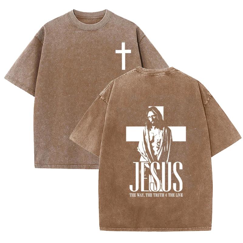 Retro Acid Wash Oversized T-Shirt Front Small Cross Back Jesus Figure Inspirational Text Casual Tops Asian Size