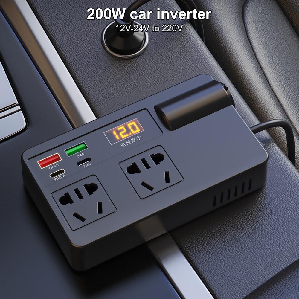 Power Adapter ON/OFF Switch 200W Car Inverter QC 3.0 USB/PD/Type-C Chargers Auto Accessories Voltage Detection DC 12V/24V to AC 220V Converter