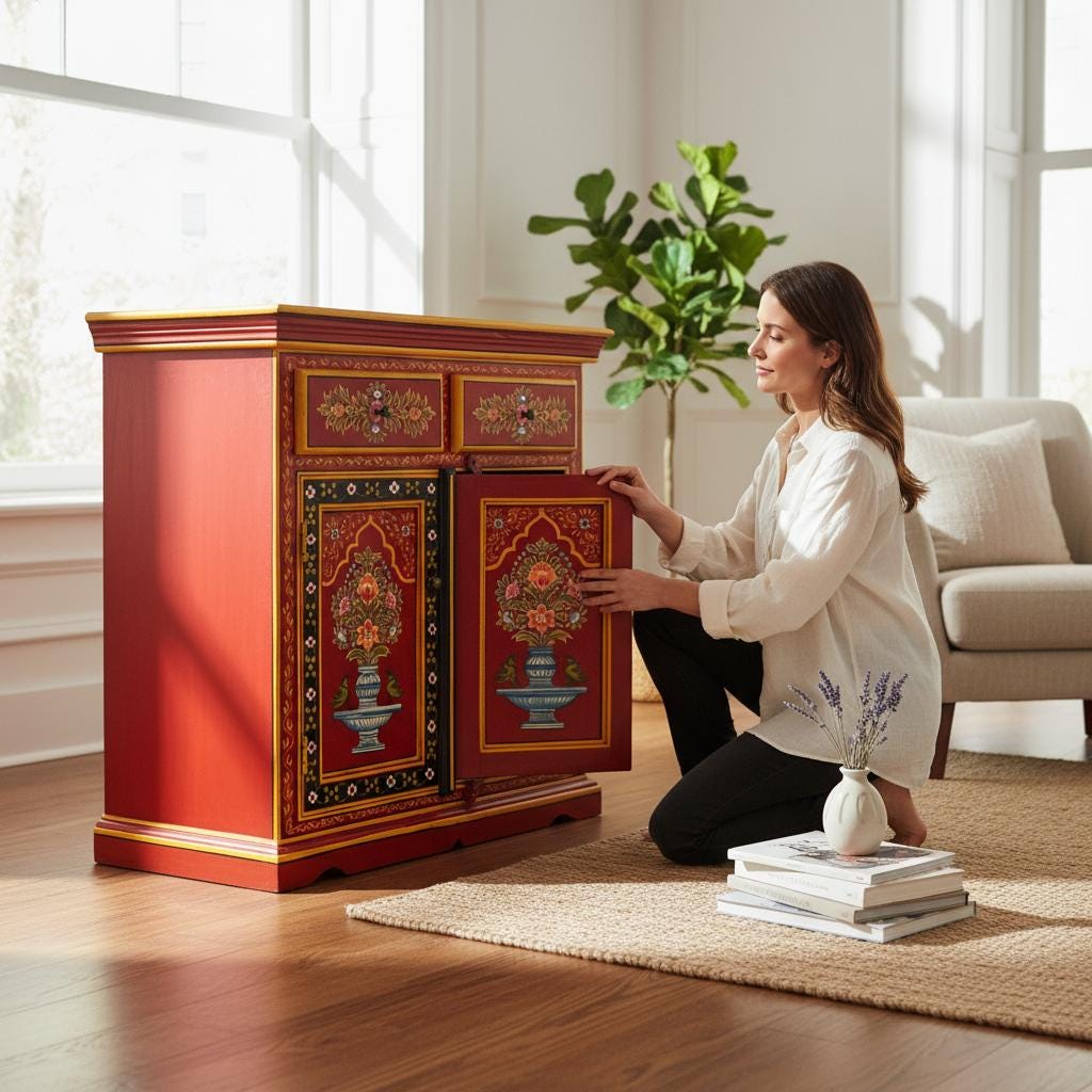 Wooden Painted Cabinet | Traditional Indian Storage Desk SideBoard| Bedside Floral Design | Home Decor Cupboard | Painted Accent Furniture