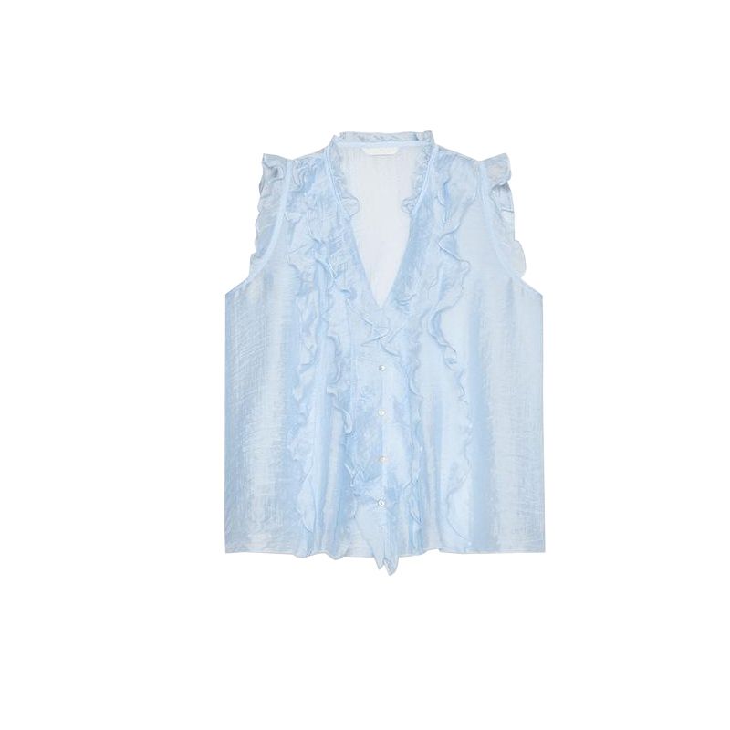 Summer New Women Clothes French Style Design Round Neck Laminated Decorative Drape Sleeveless V-neck Top 5029108