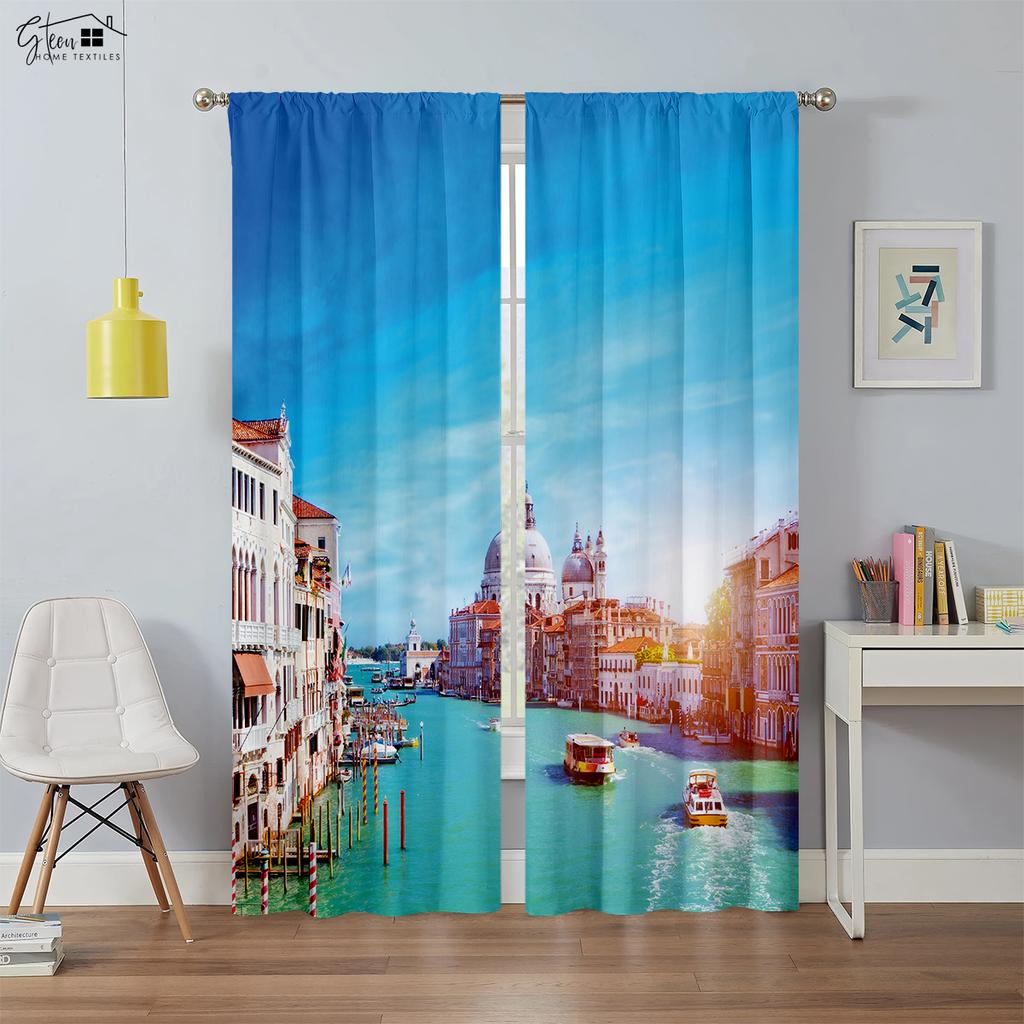 High Quality City Building 3d Printed Curtains Night View Hand-Painted Industrial Style Blackout Heat Insulation Curtains 2PCS