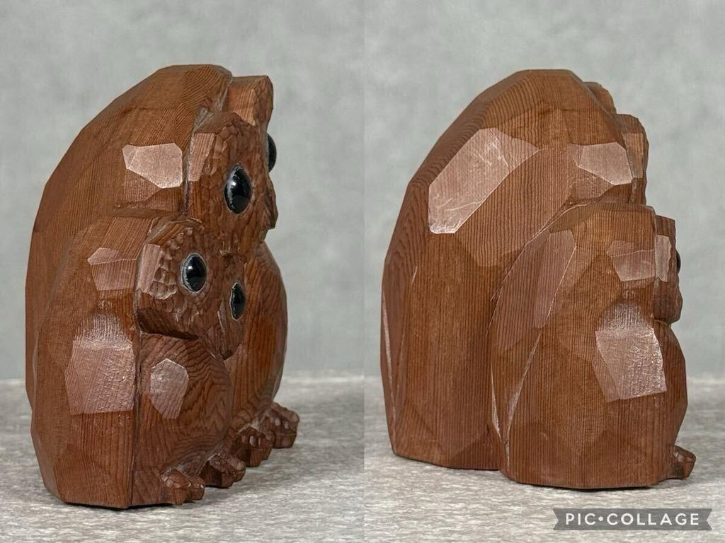 [USED]Hida Ichii Ittobori (Single-Knife Wood Carving) Created by Traditional Craftsman Hisayuki Wani – "Parent and Child Owls" – Lucky Charm Ornament