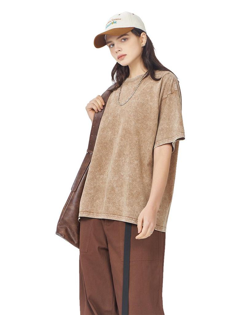 Vintage Distressed Snow Wash Drop Shoulder T-Shirt - US Size, 230G Pure Cotton, Short Sleeve Crew Neck